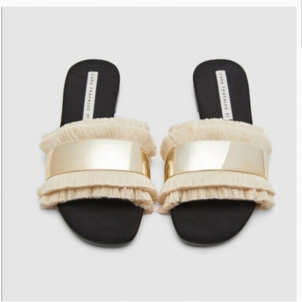 ZARA Gold Strap fringe slides